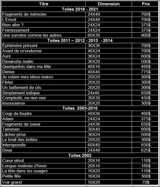 Liste de prix Liste de prix